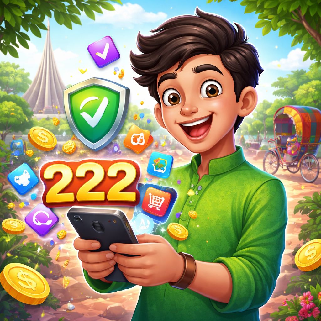 222tk app cartoon character holding a smartphone with coins and game icons