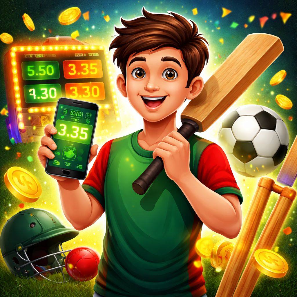 Cartoon sports bettor holding a phone with cricket and football elements around him