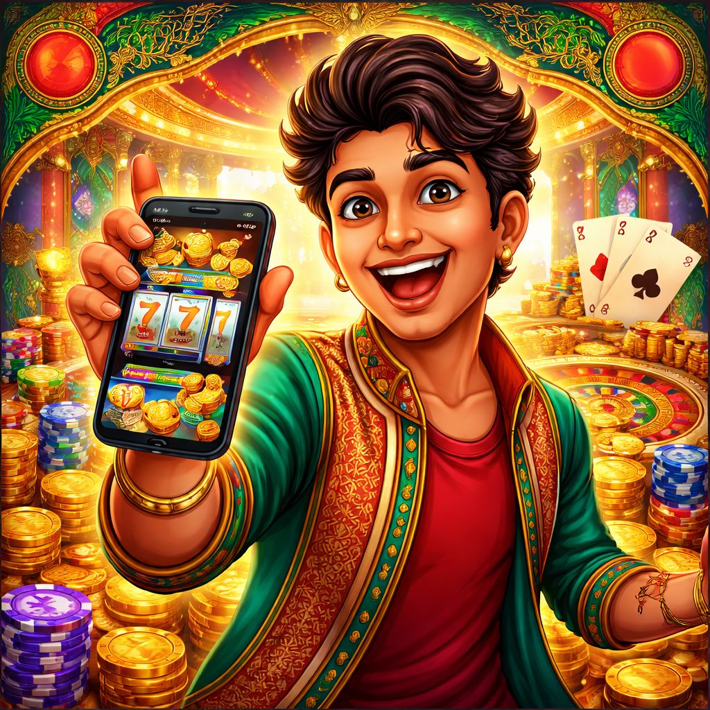 Cartoon casino player holding a phone with slots, cards, and golden coins