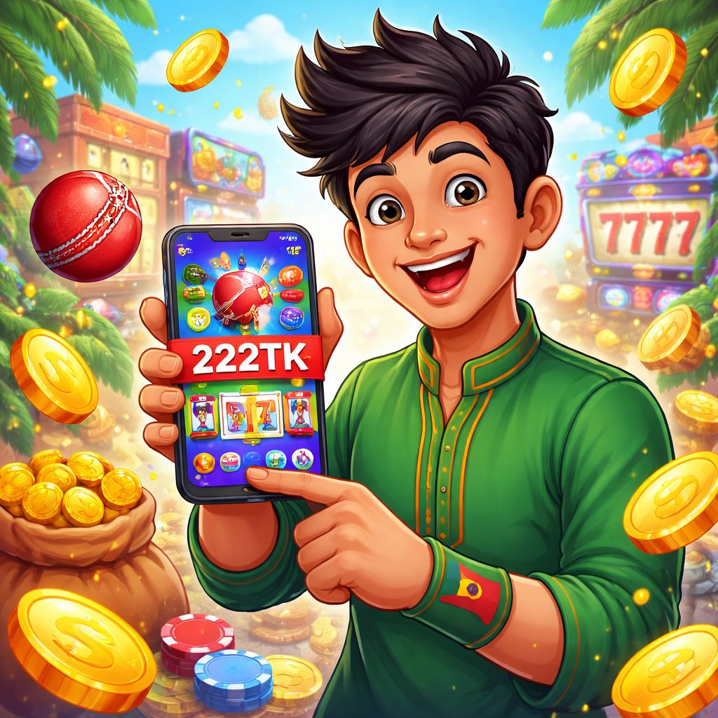 222tk cartoon player holding a mobile phone with coins and casino lights
