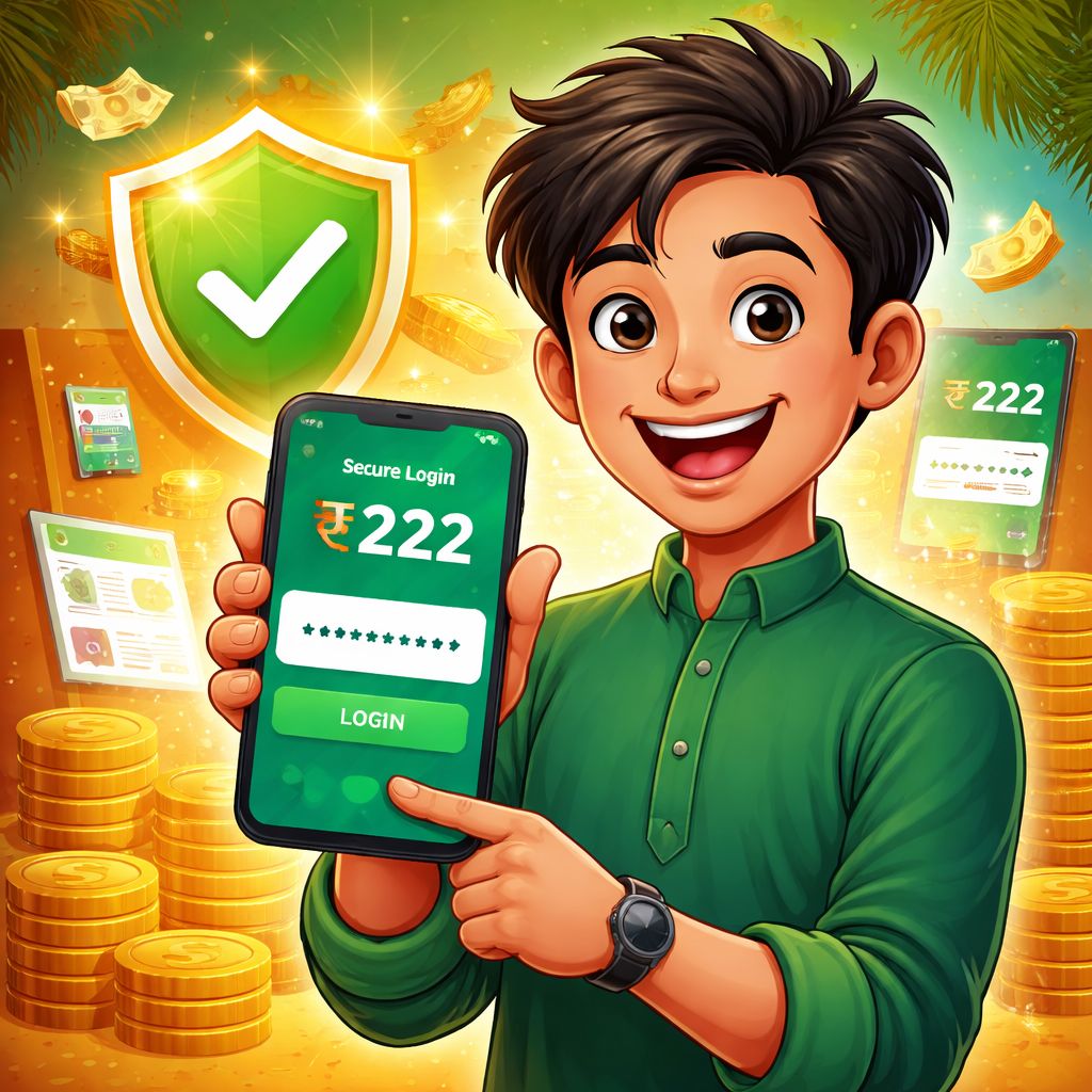 Cartoon player holding a smartphone with 222tk login screen and security shield