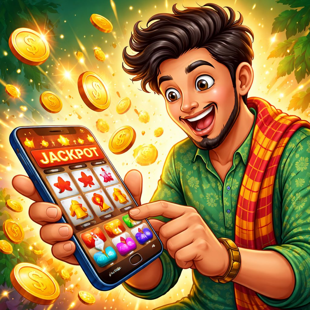 Cartoon slot player celebrating a jackpot with coins and colorful reels